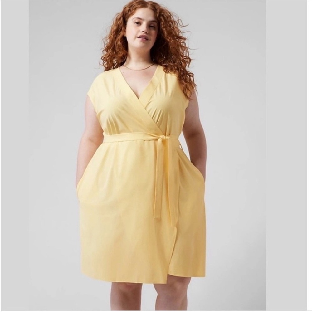 Athleta Newport Wrap Dress 2X Butter Yellow Striped V-Neck